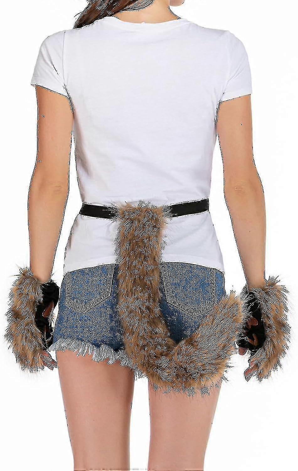 Artificial Fur Fox Tail Cat Werewolf Cosplay Costume Set Plush Mask Fluffy Paws Gloves Halloween Christmas Grass yellow One Size