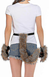 Artificial Fur Fox Tail Cat Werewolf Cosplay Costume Set Plush Mask Fluffy Paws Gloves Halloween Christmas Grass yellow One Size - Front View