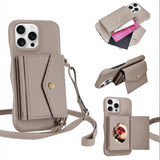 Horizontal Card Pocket Phone Case in Litchi Texture with Long Cord Grey Grey For iPhone 14 Pro