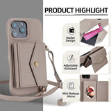 Horizontal Card Pocket Phone Case in Litchi Texture with Long Cord Grey Grey For iPhone 14 Pro - Front View