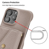 Horizontal Card Pocket Phone Case in Litchi Texture with Long Cord Grey Grey For iPhone 14 Pro - Side View