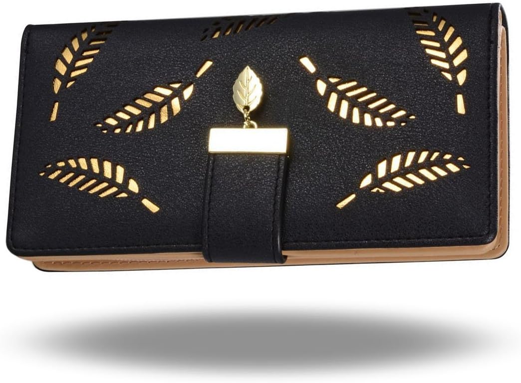 Women's Large Capacity Long Wallet, Hollow Leaf Wallet, Black