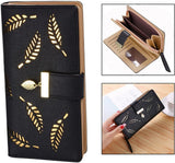 Women's Large Capacity Long Wallet, Hollow Leaf Wallet, Black - Front View