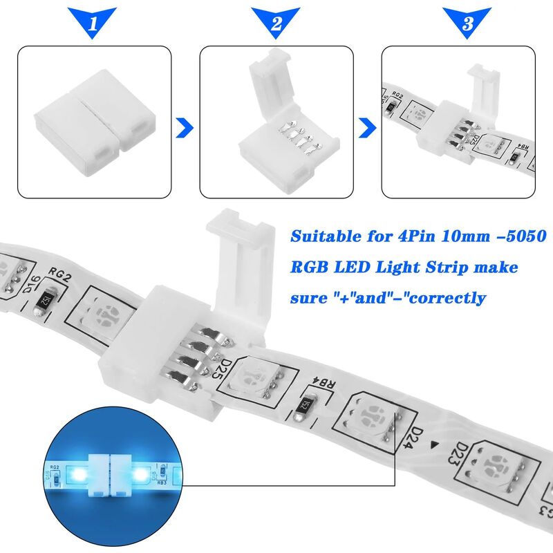 RGB LED Strip Connector Kit 30pcs 4Pin 10mm Solderless for SMD 5050 with 20 Gapless 5L 5T Contacts