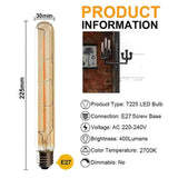 5-pack T225 Long Tube Bulbs, LED Edison Filament, 4W E27 Socket Warm White, Yellow Glass for Decorative Light Bulb, AC 220-240V—yux - Front View