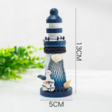 Mini Wooden Lighthouse Decor - Nautical Ornament with Seabird, 10cm - Marine Decoration in Mediterranean Style - Front View