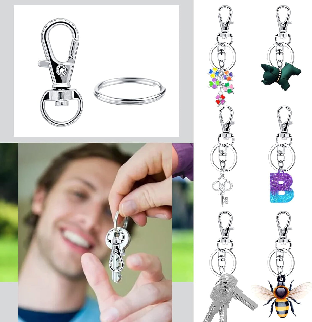 Small Stainless Steel Keychains, 100pcs Carabiner Keychains, DIY, DIY Ring, Button Lock, (Silver)