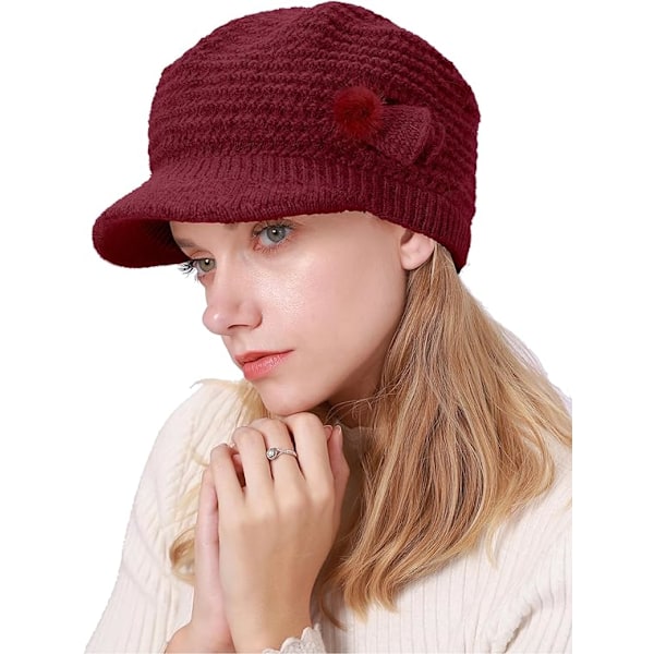 Winter Hat for Women, Fleece Lined, Floral Knitted Hat, Ladies Beret Hat with Brim, Cloche Hat, Thermal Hat, Ladies Wool Hats, Red