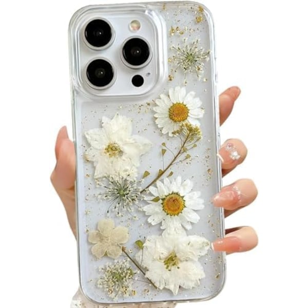 Transparent Case with Design of Pressed Real Flowers, Glitter Cute White Floral Pattern Slim Soft TPU Protective Case for Women iPhone16plus