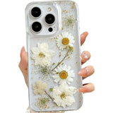 Transparent Case with Design of Pressed Real Flowers, Glitter Cute White Floral Pattern Slim Soft TPU Protective Case for Women iPhone16plus