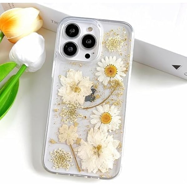 Transparent Case with Design of Pressed Real Flowers, Glitter Cute White Floral Pattern Slim Soft TPU Protective Case for Women iPhone16plus