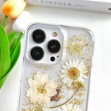 Transparent Case with Design of Pressed Real Flowers, Glitter Cute White Floral Pattern Slim Soft TPU Protective Case for Women iPhone16plus