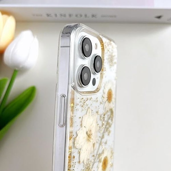 Transparent Case with Design of Pressed Real Flowers, Glitter Cute White Floral Pattern Slim Soft TPU Protective Case for Women iPhone16plus