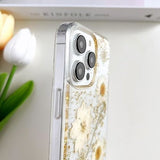 Transparent Case with Design of Pressed Real Flowers, Glitter Cute White Floral Pattern Slim Soft TPU Protective Case for Women iPhone16plus