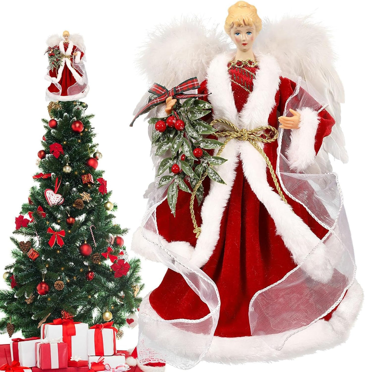 Christmas Tree Angel Tops, Decorative Ornaments with White Feather Wings Dimensions (cm):