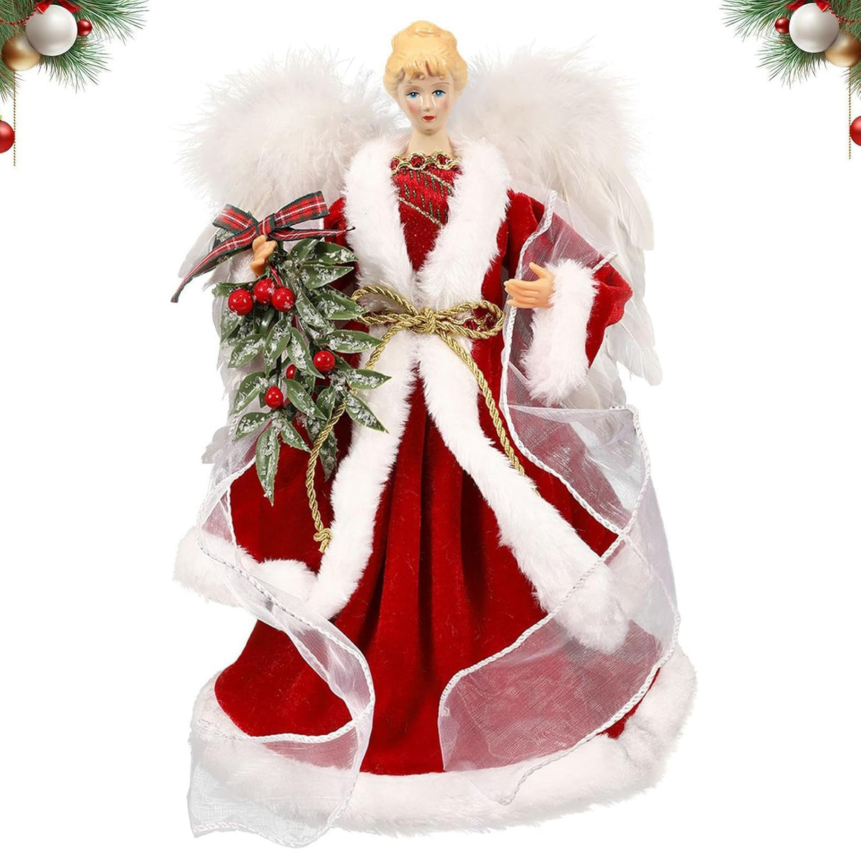 Christmas Tree Angel Tops, Decorative Ornaments with White Feather Wings Dimensions (cm):