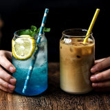 pcs Drinking Glasses with Bamboo Lid and Straw, Beer Can Shaped Iced Coffee Cup for Milk, Coffee, Ice Water, Cocktail (500ml) - Front View
