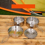pcs Stainless Steel Pots/Frying Pan/Lid for Outdoor Camping Cooking - Side View