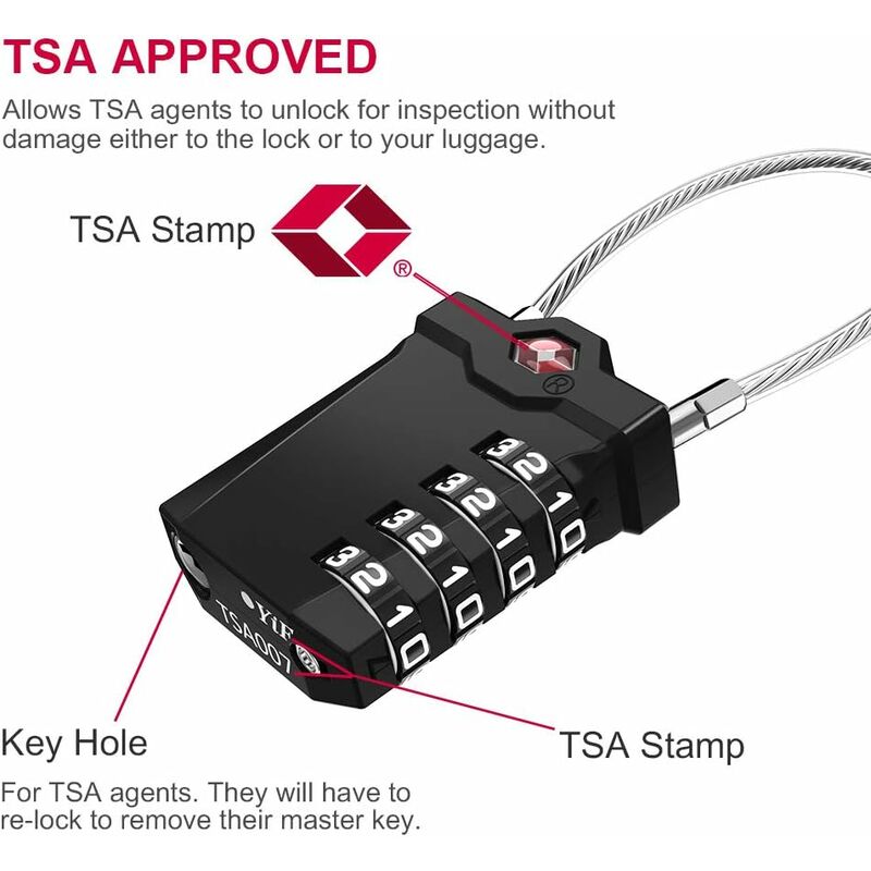 Luggage Lock, TSA 4-Digit Combination Lock for Suitcase with Opening Alarm, Code Lock Gym Cable Lock (1 Piece, Black)