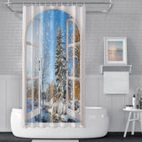 Winter Snowy Shower Curtain, Window View Blue Sky Winter Christmas Tree River Nature Snowy Scene Bath Curtains for Holiday 180cm x 180cm - Front View