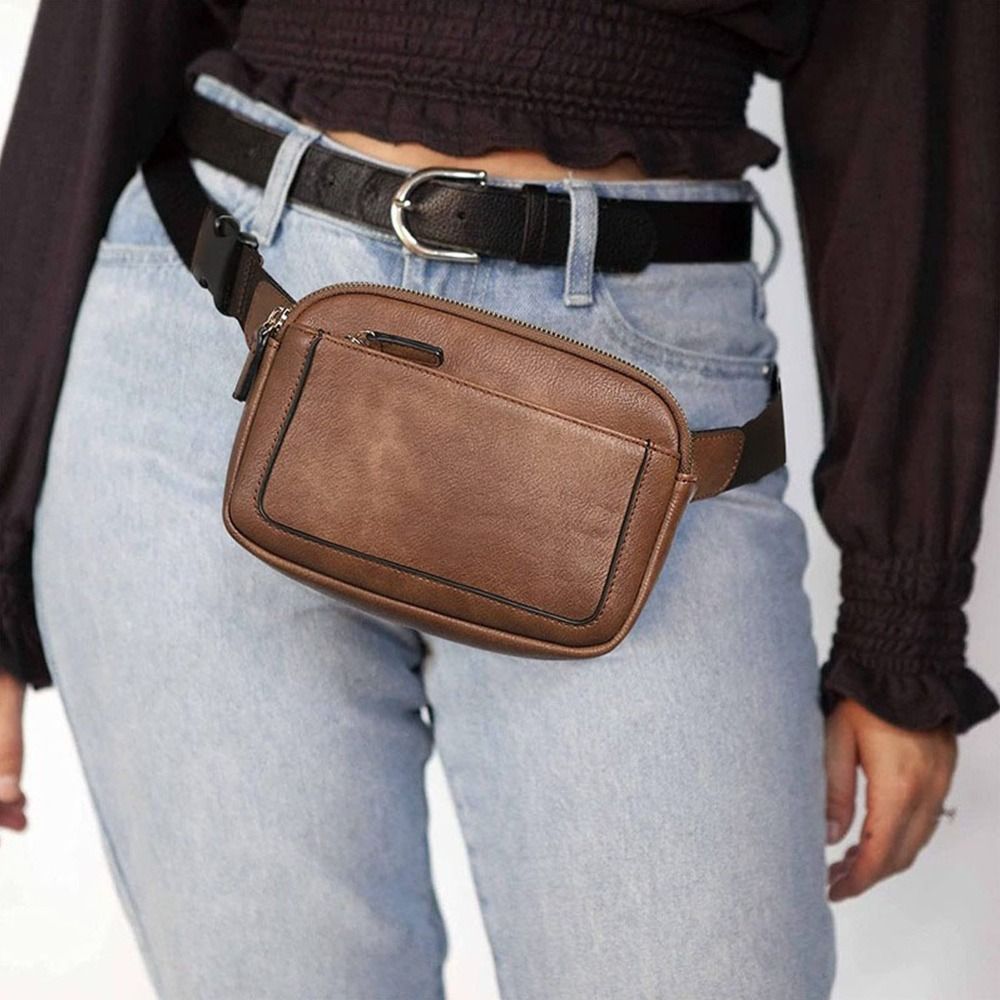 Women PU Leather Belt Bag Crossbody Waist Bag Travel Bag Black