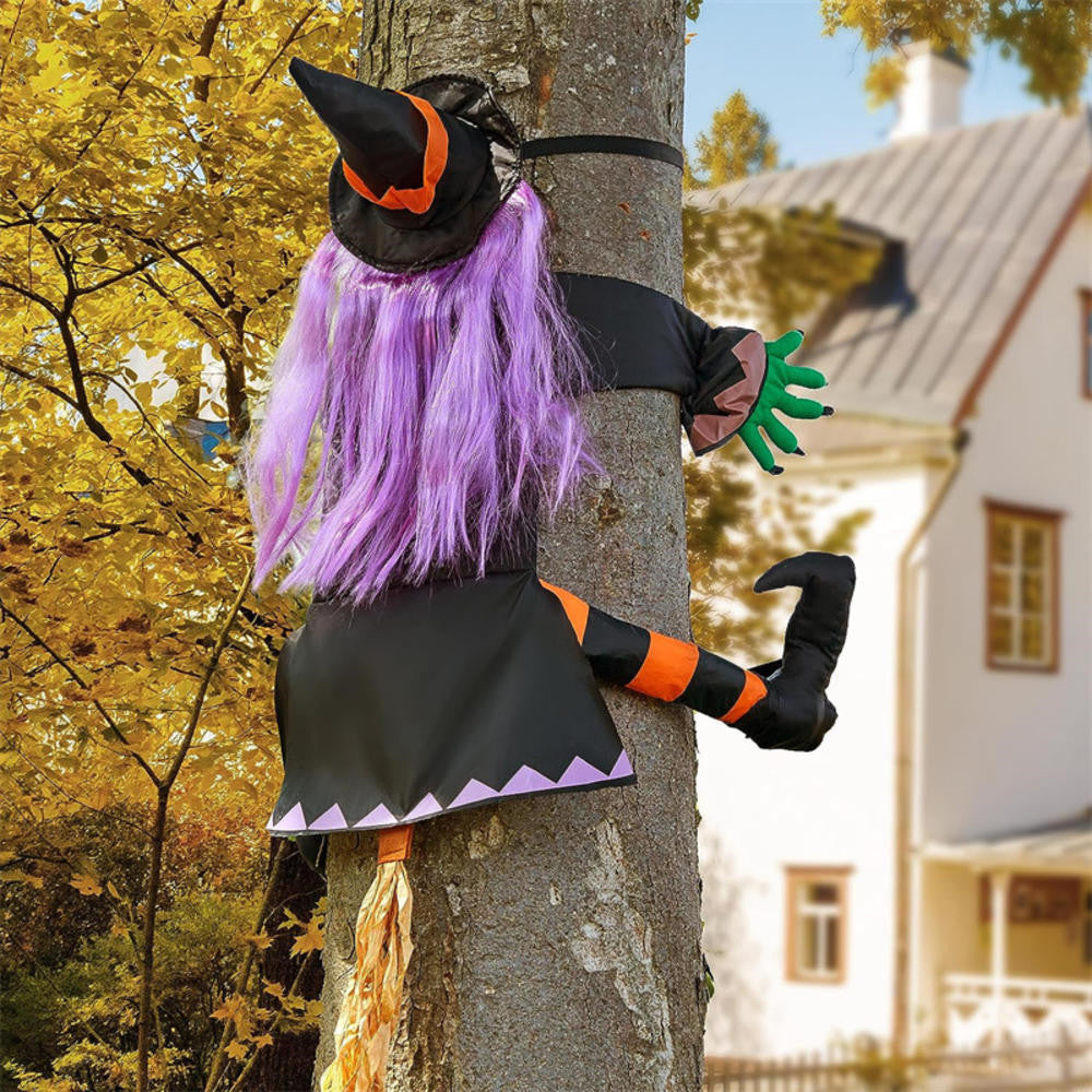 Flying Halloween Decoration for Outdoor Use - Witch Crashing into Tree Orange