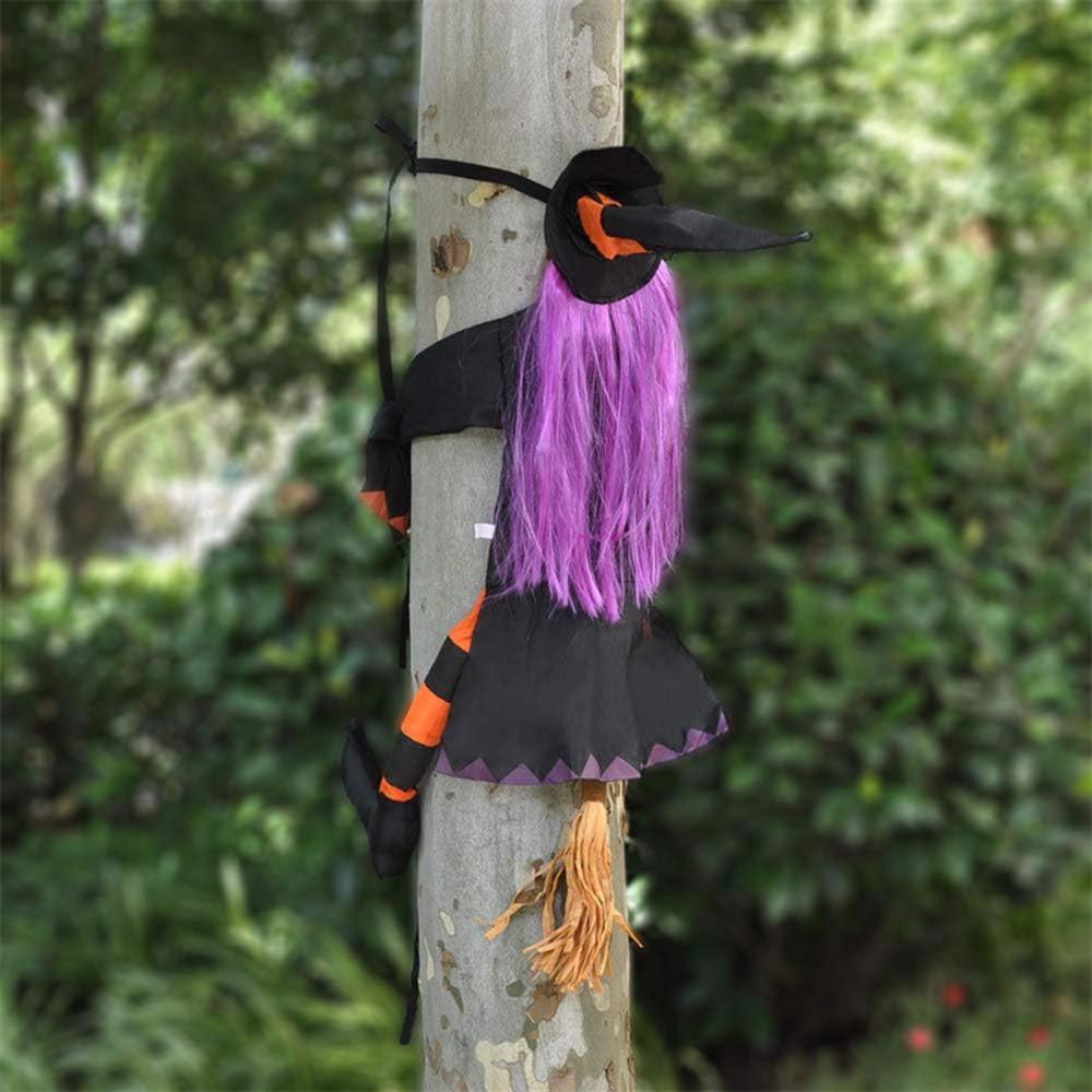 Flying Halloween Decoration for Outdoor Use - Witch Crashing into Tree Orange