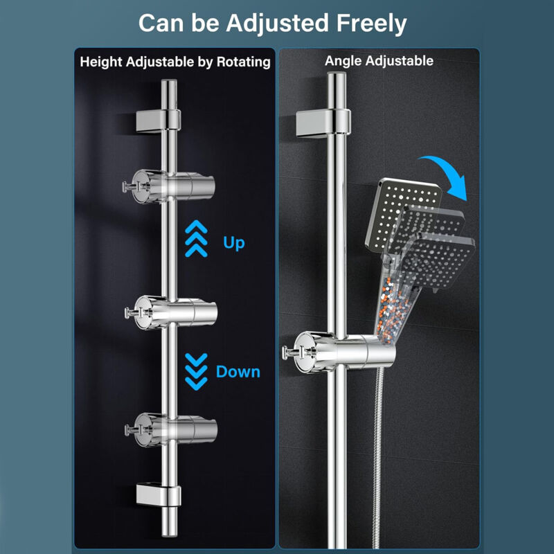 Adjustable Shower Head with 2 Hooks for 16-27mm Shower Rod, Wall Mounted Chrome Hand Shower Holder