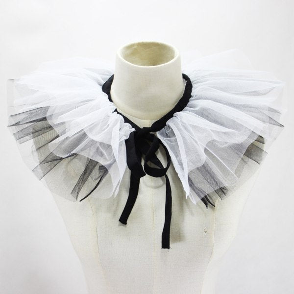 Women's Renaissance Tulle Ruffled False Collar Layered Black White Mesh Clown Choker Lace Up Victorian Neck Ruff Shawl Cosplay Props