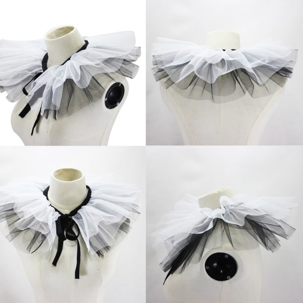 Women's Renaissance Tulle Ruffled False Collar Layered Black White Mesh Clown Choker Lace Up Victorian Neck Ruff Shawl Cosplay Props