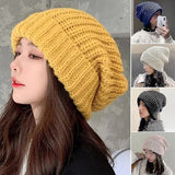 Knitted Hat Baggy Slouchy Ribbed Stretchy Warm - Solid Color Autumn Winter Women Men - Front View