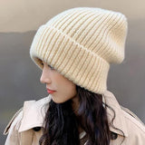 Knitted Hat Baggy Slouchy Ribbed Stretchy Warm - Solid Color Autumn Winter Women Men - Side View