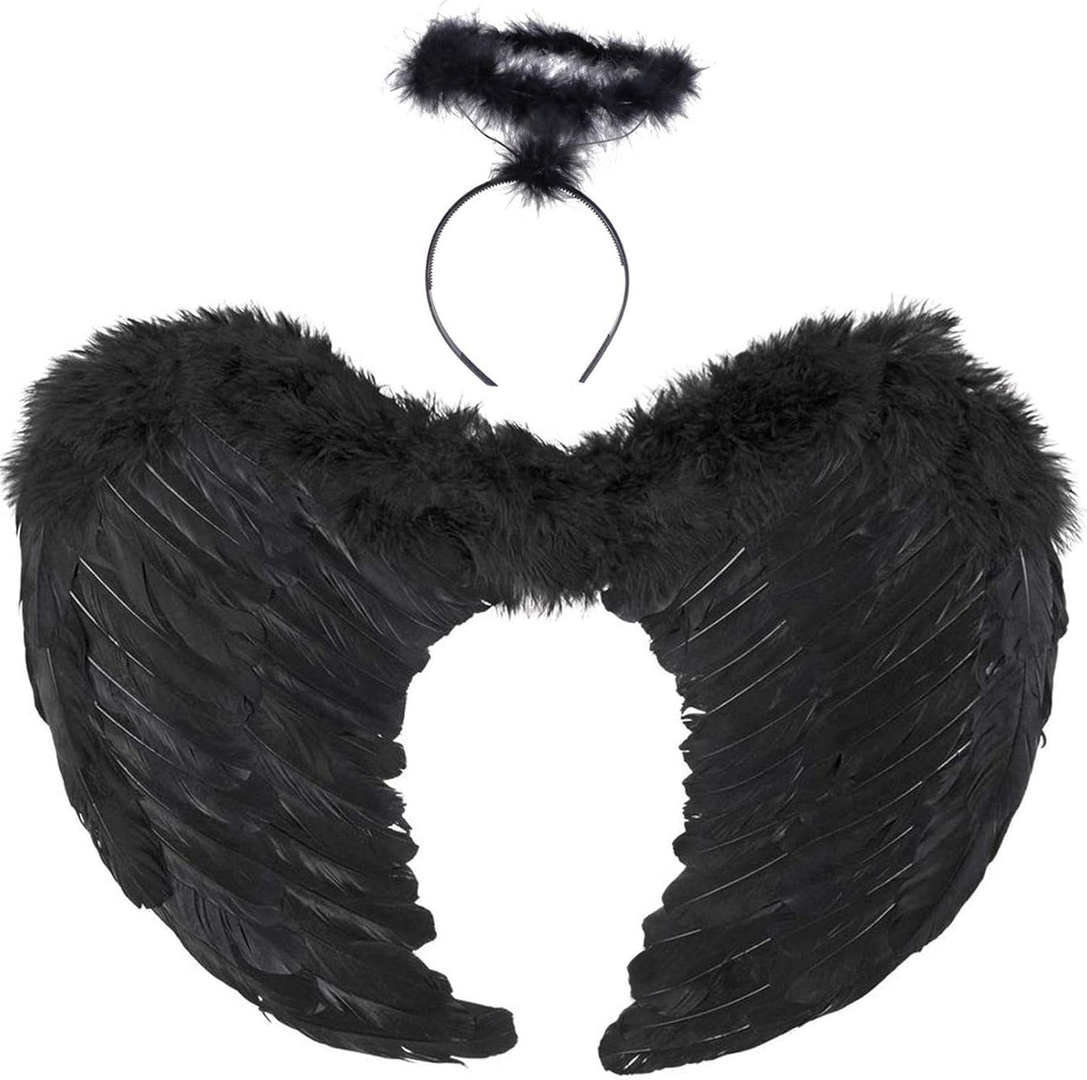Angel Wings, Black, Angel Costume for Women, with Halo and Black Wings, for Girls, Feather Wings Fallen Angel Wings - Black-45 cm