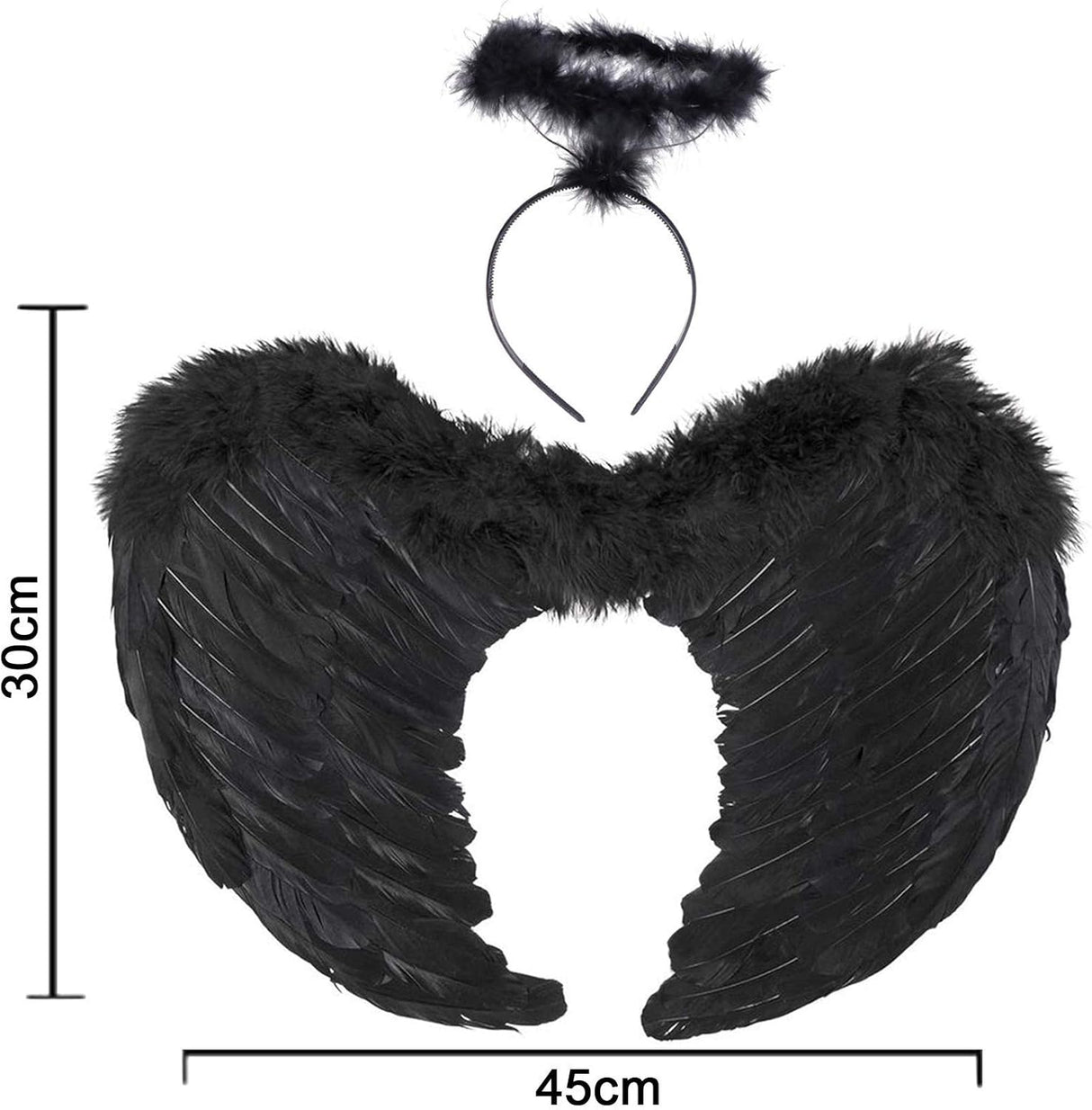Angel Wings, Black, Angel Costume for Women, with Halo and Black Wings, for Girls, Feather Wings Fallen Angel Wings - Black-45 cm