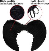 Angel Wings, Black, Angel Costume for Women, with Halo and Black Wings, for Girls, Feather Wings Fallen Angel Wings - Black-45 cm