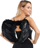 Angel Wings, Black, Angel Costume for Women, with Halo and Black Wings, for Girls, Feather Wings Fallen Angel Wings - Black-45 cm - Top-Down View
