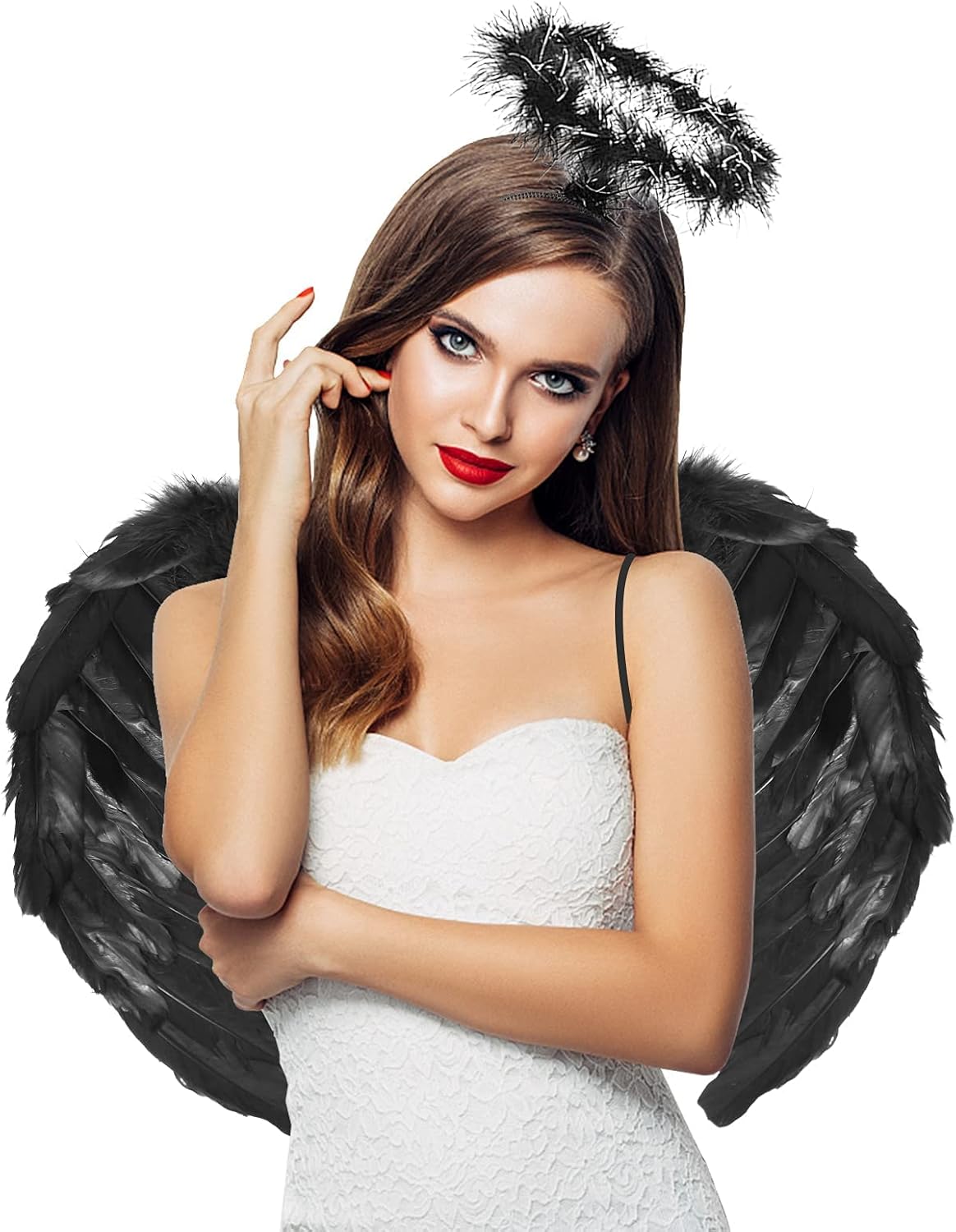 Angel Wings, Black, Angel Costume for Women, with Halo and Black Wings, for Girls, Feather Wings Fallen Angel Wings - Black-45 cm
