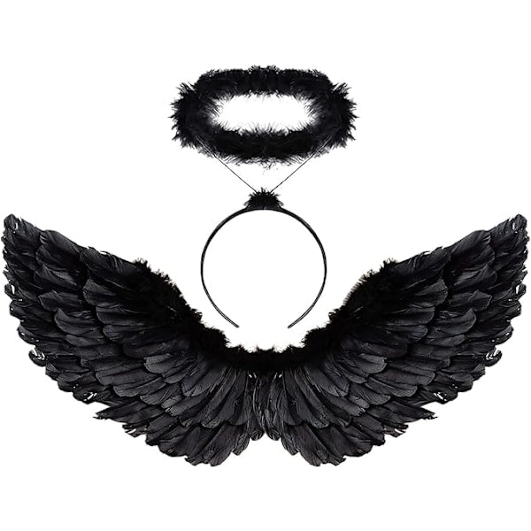 Black wings and halo devil wings for kids black wing feather wings for Halloween