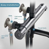 Installation kit for connecting hose to exposed tap. Outdoor shower system thermostatic mixer conversion built into the surface