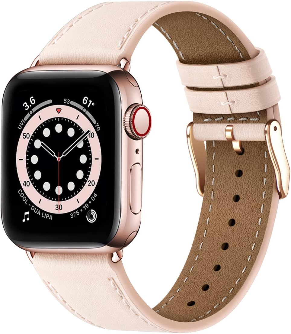 Apple Watch Leather Band, Genuine Leather Replacement Band for Apple Watch Series 9 8 7 6 5 4 3 2 1 & iWatch SE, Ultra (38mm 40mm 41mm, Rose Gold) Pink