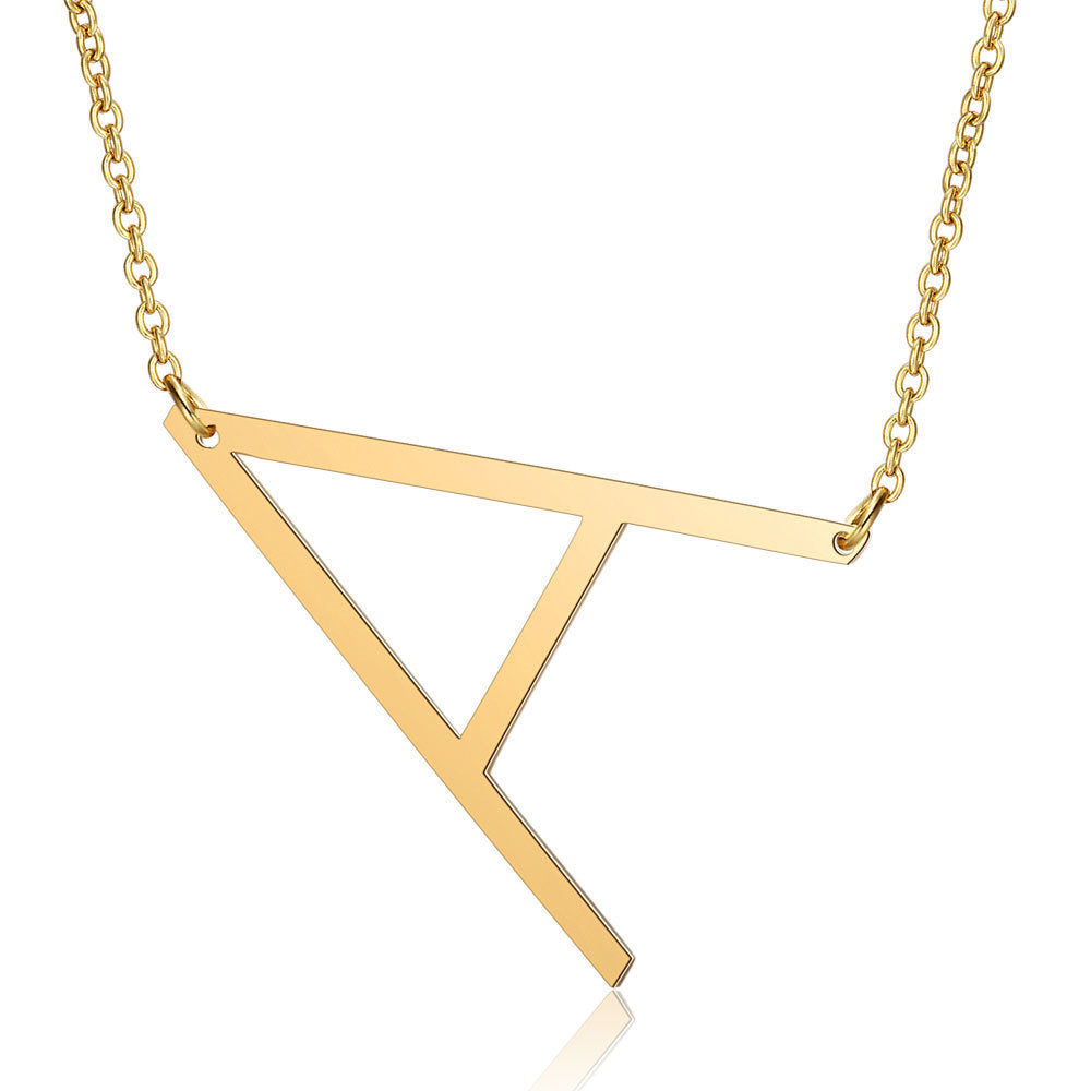 Women's Necklace with Side Block Shaped Initial Letter, Stainless Steel English Letter Necklace, Gold, AA