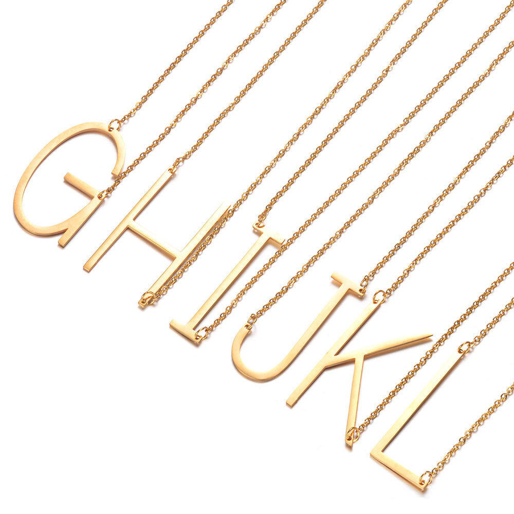 Women's Necklace with Side Block Shaped Initial Letter, Stainless Steel English Letter Necklace, Gold, AA