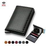 Carbon Fiber Credit Card Holder Wallets Men RFID Black Magic Trifold Leather Slim Mini Wallet Small Money Bag Men's Bags Black - Front View