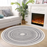 Grey Round Woven Cotton Rug with Fringes 120cm Washable Absorbent Rug Moroccan Style Print 120*120CM—yux 120*120CM - Top-Down View