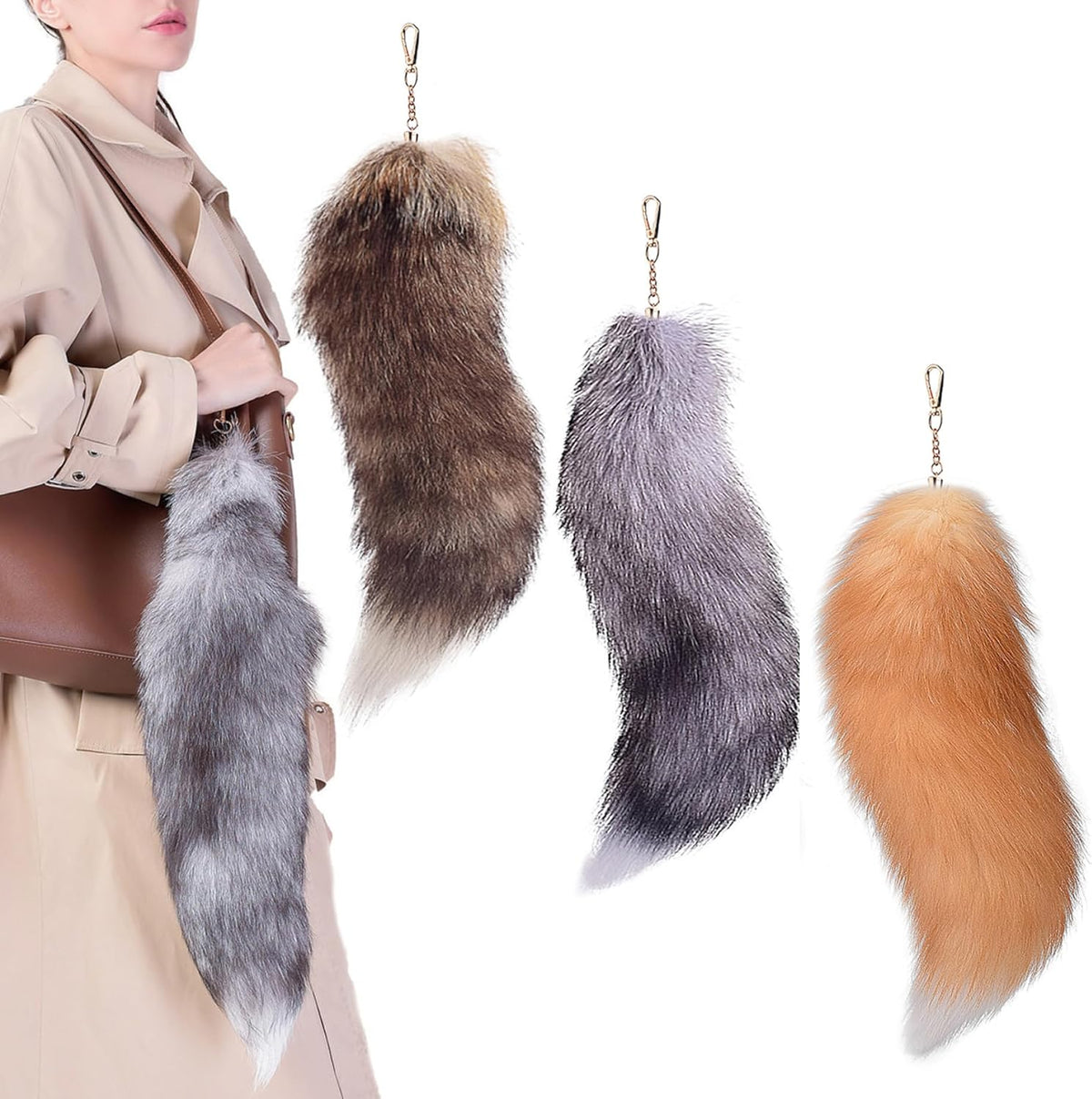 40cm Therian Fox Tail with Lock, Fluffy Faux Fur Fox Tail Keychain Faux Wolf Tail Cosplay Handbag Accessory Costume for Women Adult_tfrf