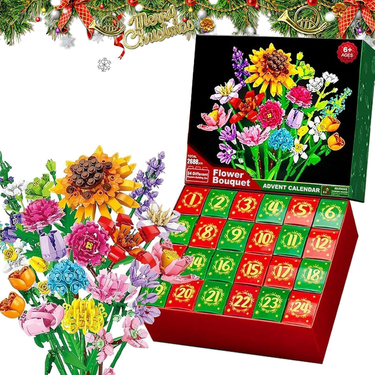 2025 Flower Bouquet Building Blocks Christmas Advent Calendar 24 Days-XY- Sunflower