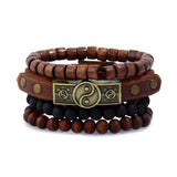 4-pack handmade leather bracelets for men with wooden beads, brown - Compatible with iPhone brown