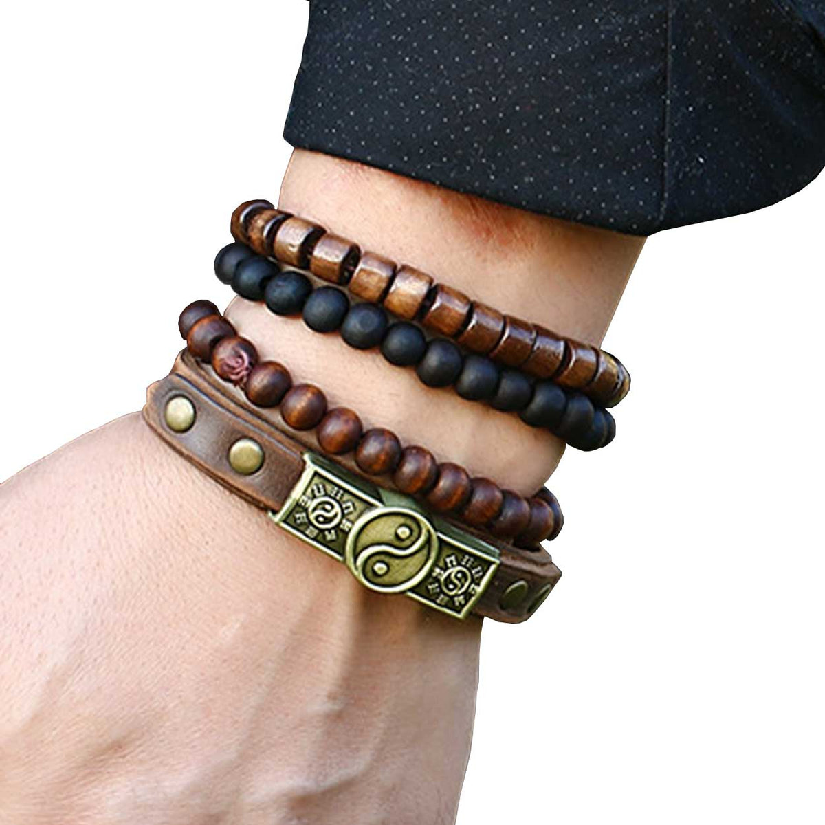 4-pack handmade leather bracelets for men with wooden beads, brown - Compatible with iPhone brown