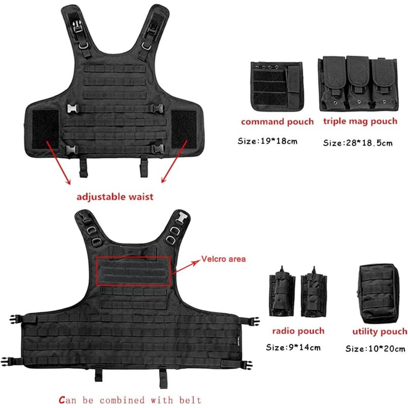Tactical Vest, Adjustable Plate Carrier for Army, Police, Black