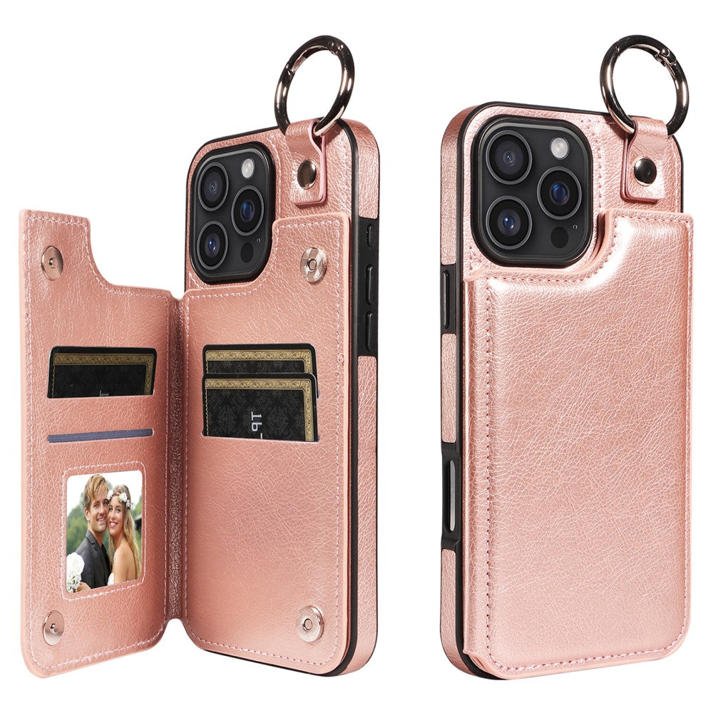 SKALO iPhone 16 Pro Max PU Leather Card Holder with Ring Case - Rose Gold Pink gold_yux